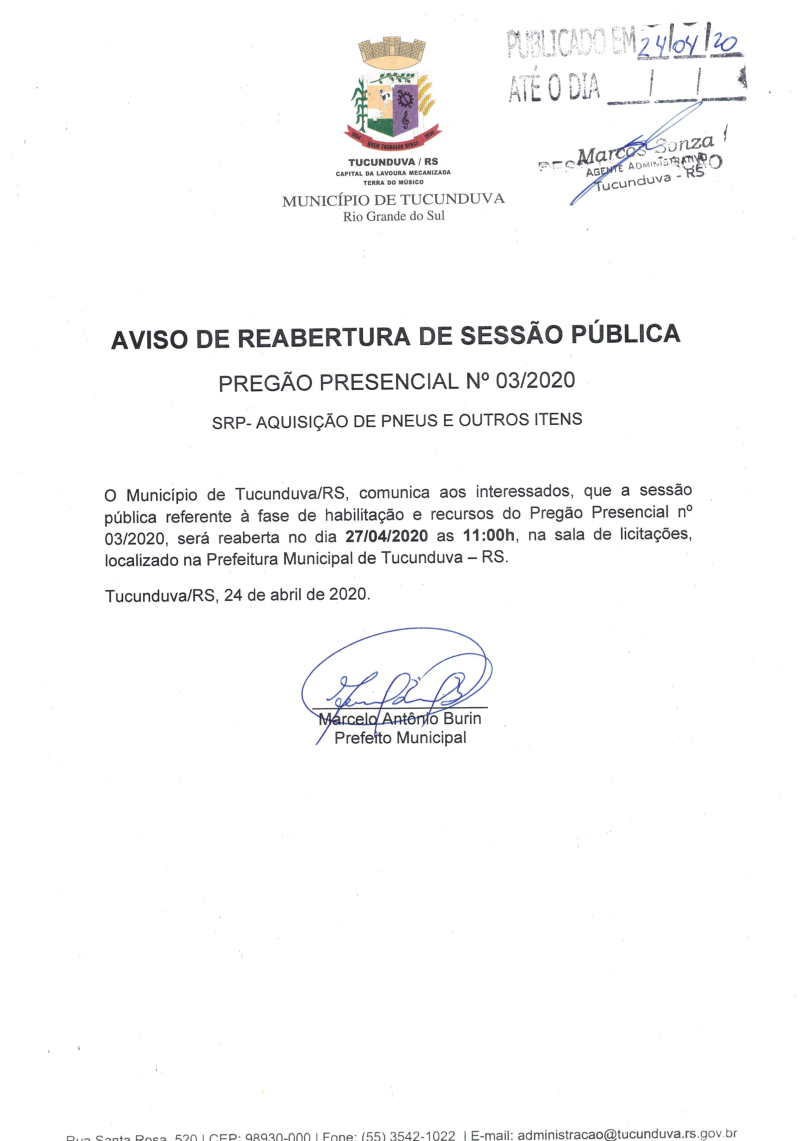 PP 03/2020 AVISO DE REABERTURA DE SESSÃO PÚBLICA